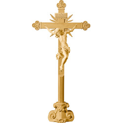 Cristo Barroco en cruz barroca con rayos en peana y Titulus Crucis en hebreo - latín - griego